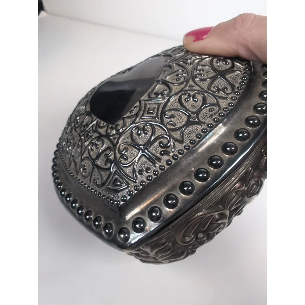 Silver Tone Heart Shaped Metal Beaded Trinket Box Blue Velvet Lined Embossed